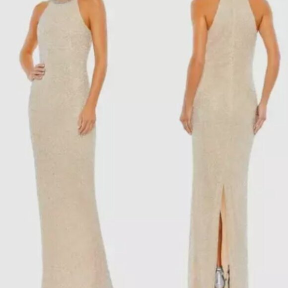 MAC DUGGAL 93742 BEADED HIGH NECK COLUMN NUDE SILVER GOWN sz 6 - Picture 5 of 6